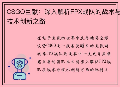 CSGO巨献：深入解析FPX战队的战术与技术创新之路