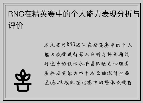 RNG在精英赛中的个人能力表现分析与评价