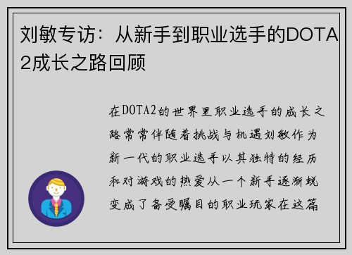 刘敏专访：从新手到职业选手的DOTA2成长之路回顾